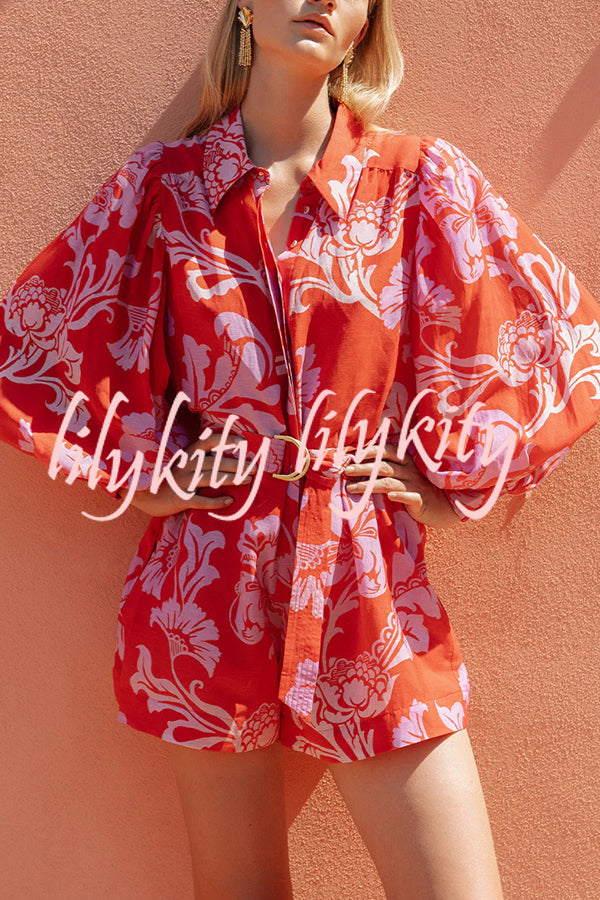 Linen Blend Botanical Print Lapel Puff Sleeve Loose Tie Casual Rompers