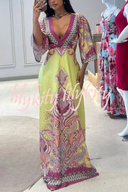 Stand Out and Shine Palace Style Print Bell Sleeve Backless Vacation Maxi Dress