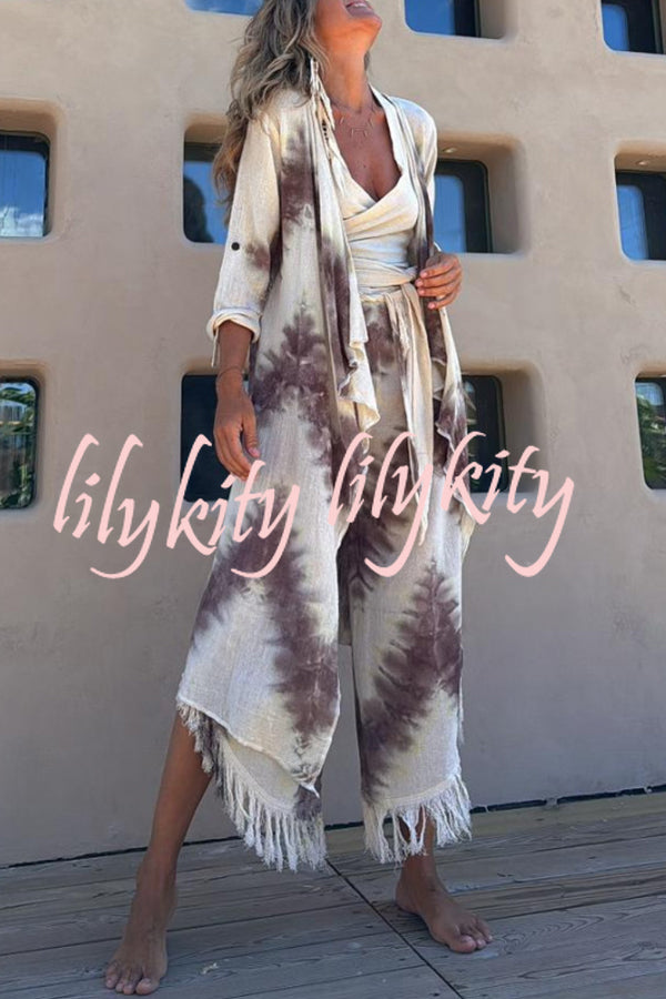 Kailani Linen Blend Tie-dye Print Irregular Hem Duster Kimono