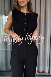 Office Lady Button Up Waisted Vest and High Rise Pocketed Loose Pants Set