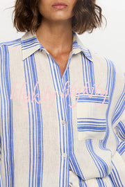 Stripe Print Lapel Long-sleeved Casual Shirt and Elastic Waist Loose Shorts Set