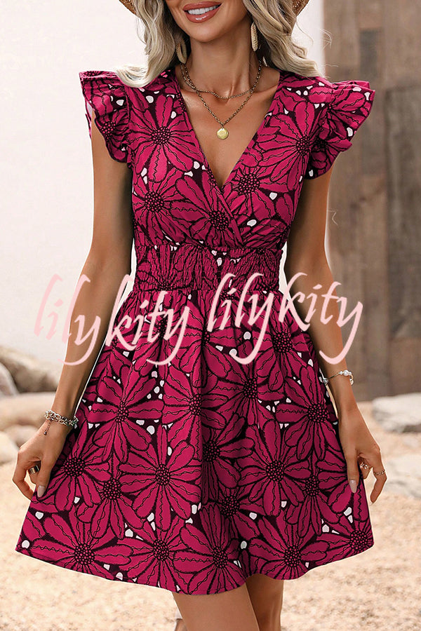 Wonderful Weekend Floral Print Ruffle Sleeve Elastic Waist Mini Dress