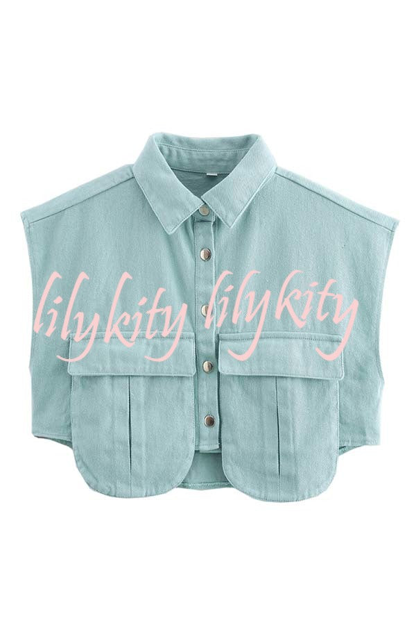 Stylish Weekend Denim Button Up Cape Sleeve Pocket Crop Top