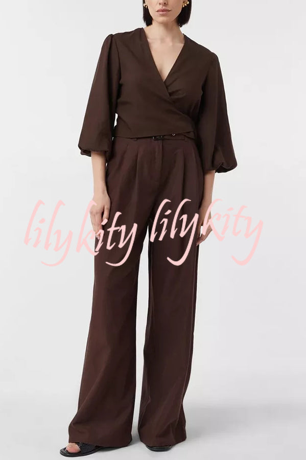 Lets Go Out Linen Blend Balloon Sleeve Wrap Tie-up Loose Top