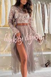 Holiday Party Sequin Long Sleeve Back Satin Tie-up Crop Top