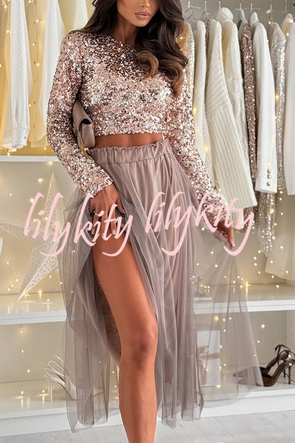 Holiday Party Sequin Long Sleeve Back Satin Tie-up Crop Top