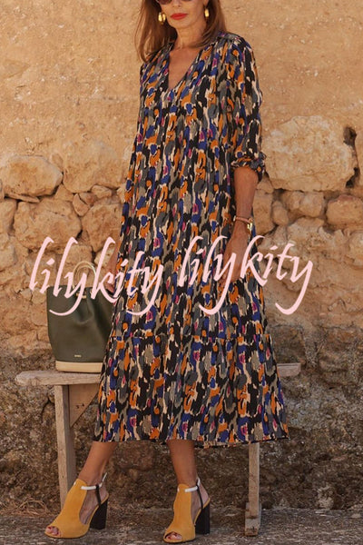 Multicolor Color Block Print V-neck Loose Resort Midi Dress