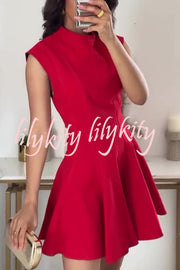 Solid Color Round Neck Sleeveless Waist Mini Dress