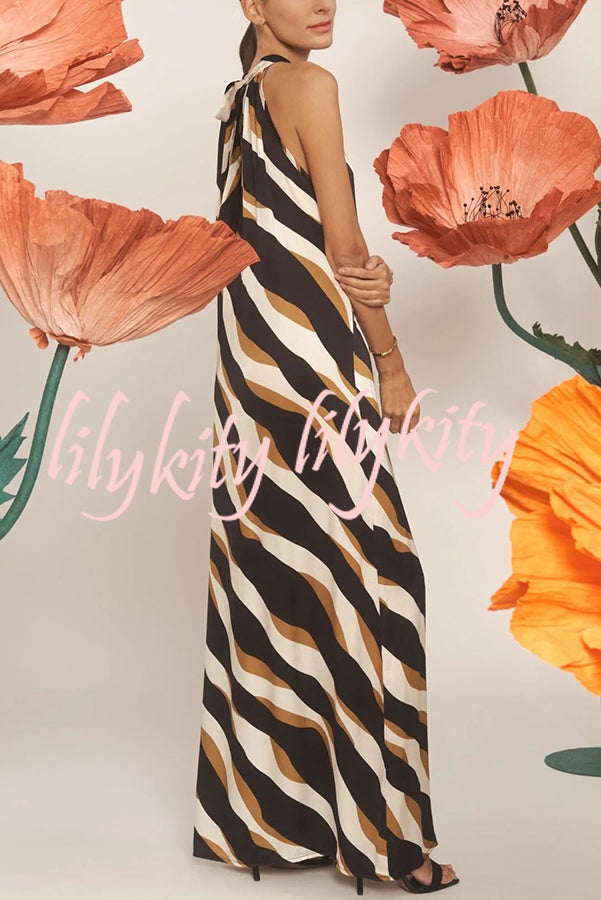 Uptown Cafe Satin Color Block Print Tie-up Neck Maxi Dress