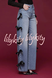 Runway Muse Denim High Rise Bow Trim Pocketed Wide Leg Jeans