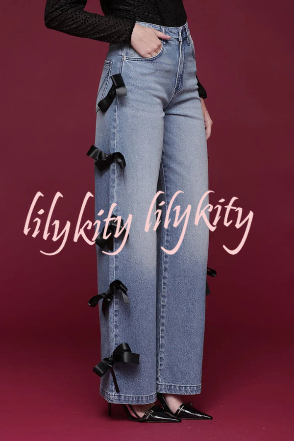 Runway Muse Denim High Rise Bow Trim Pocketed Wide Leg Jeans