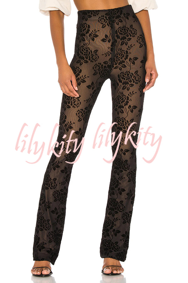 Romance Detail Flower Pattern Mesh Elastic Waist Stretch Flare Pants