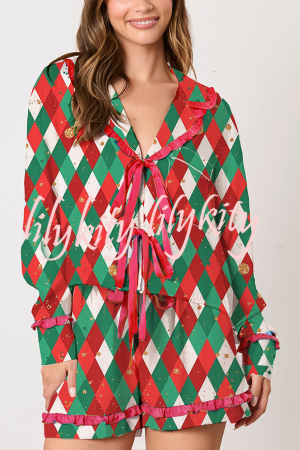 Christmas Holiday Print Bow Tie Long Sleeve and Elastic Waist Loose Shorts Set