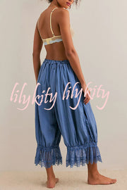 Pastoral Style Elastic Waist Lace Hem Bloomer Pants