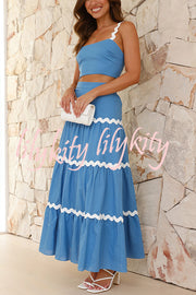 Island Beauty Wave Trim Patchwork Crop Tank and Elastic Waist Skirt Set