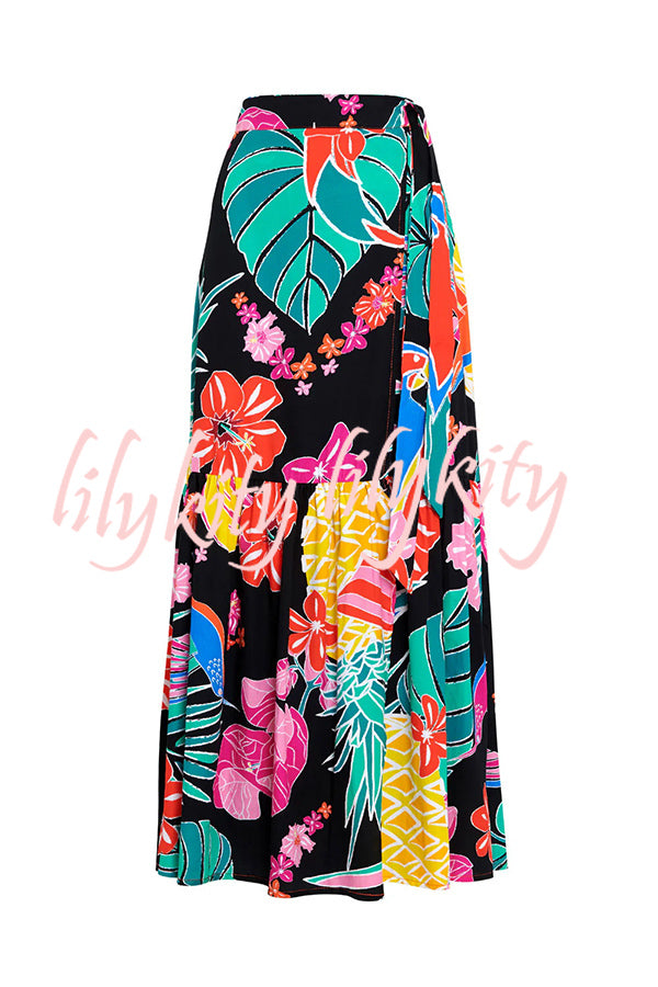 Tropical Flowers and Birds Print Loose Holiday Maxi Skirt