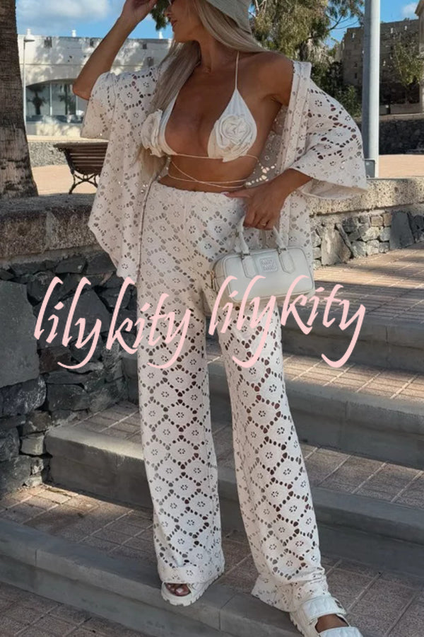 Holiday Crochet Flowers Lace Short Sleeve Shirt and Elastic Waist Wide Leg Pants Set