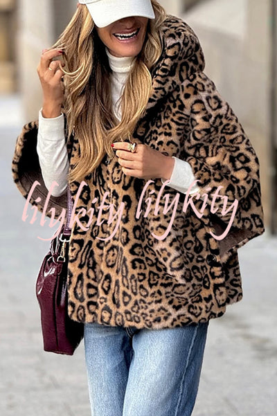 Taylor Plush Fabric Leopard Print Zipper Pocketed Cape Hooded Coat