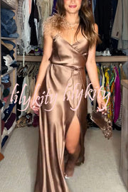 Celebration Night Satin Feather Trim Wrap Tie-up Slit Gown Maxi Dress