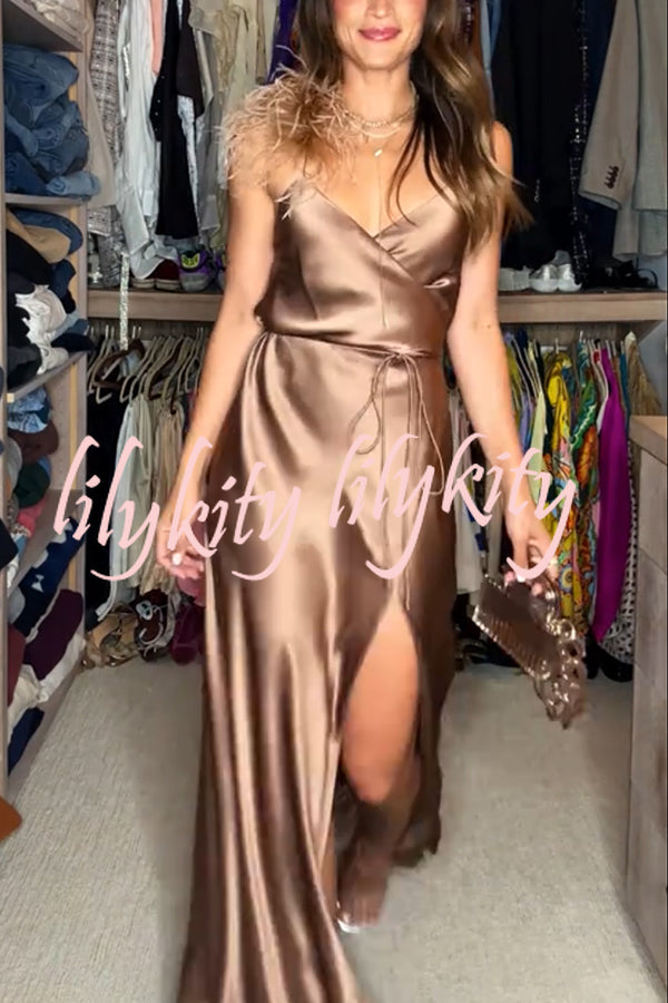 Celebration Night Satin Feather Trim Wrap Tie-up Slit Gown Maxi Dress