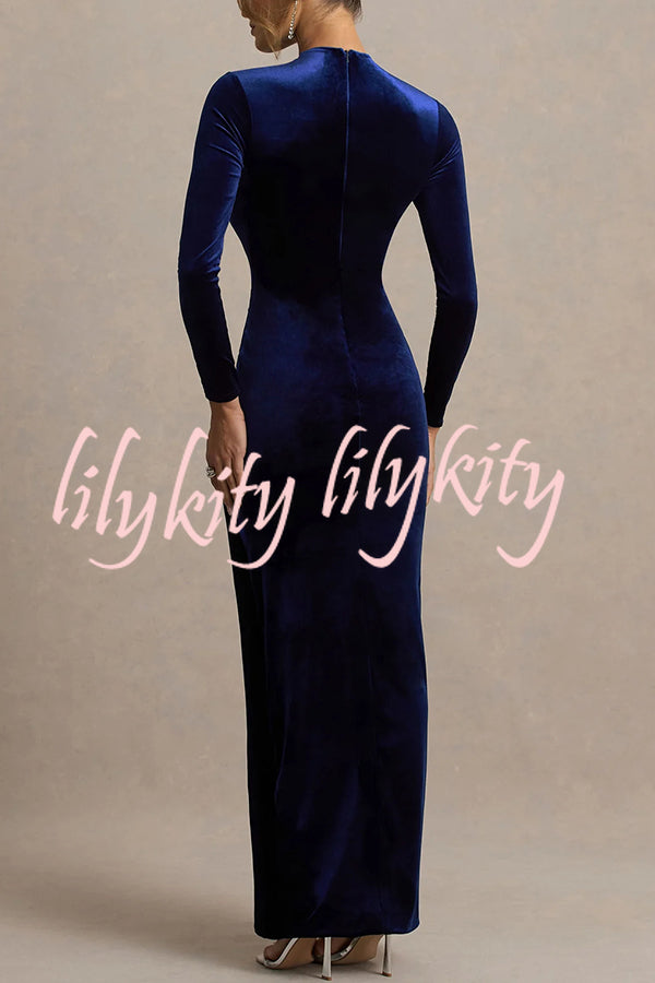 Wishes Velvet High Neck Long Sleeve Ruched Waist Wrap Slit Stretch Maxi Dress