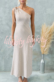 Stylish Striped Print One Shoulder Slope-neck Maxi Dress