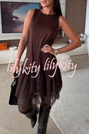 Upper East Chic Tulle Lace Tiered Hem Stretch Tank Midi Dress