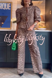 Kiana Leopard Print Peplum Tie Puff Sleeve Shirt and Elastic Waist Pocketed Loose Pants Set