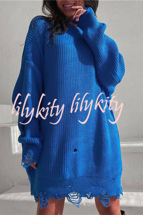 Solid Color Loose Ripped Knitted Mid-length Sweater