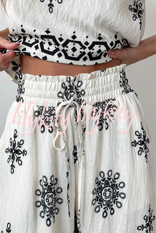 Unique Printed Round Neck Sleeveless Button Top and Elastic Waist Pocket Wide Leg Pants Set