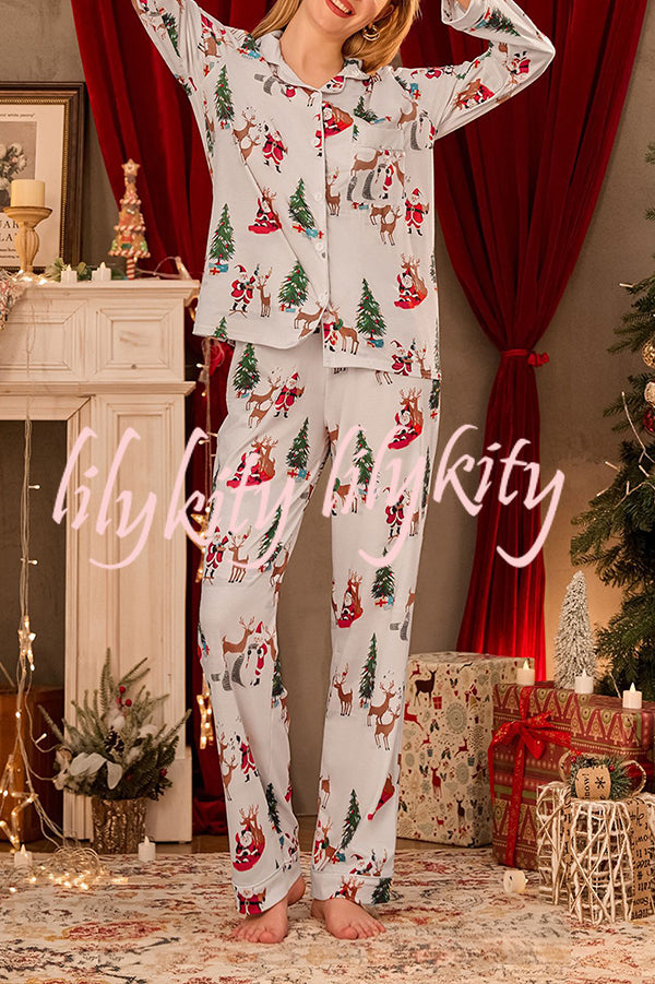 Christmas Holiday Print Long Sleeve Pocket Top and Elastic Waist Loose Pants Set