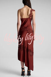 Sexy Lace Stitching Suspender V-neck Asymmetrical Maxi Dress