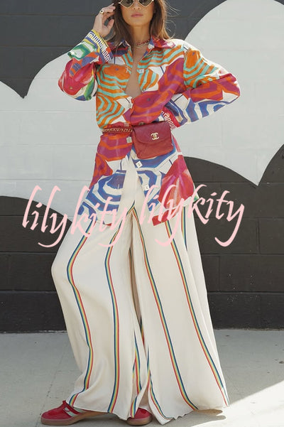 Ellah Satin Rainbow Stripe Print Drawstring Elastic Waist Pocket Wide Leg Pants