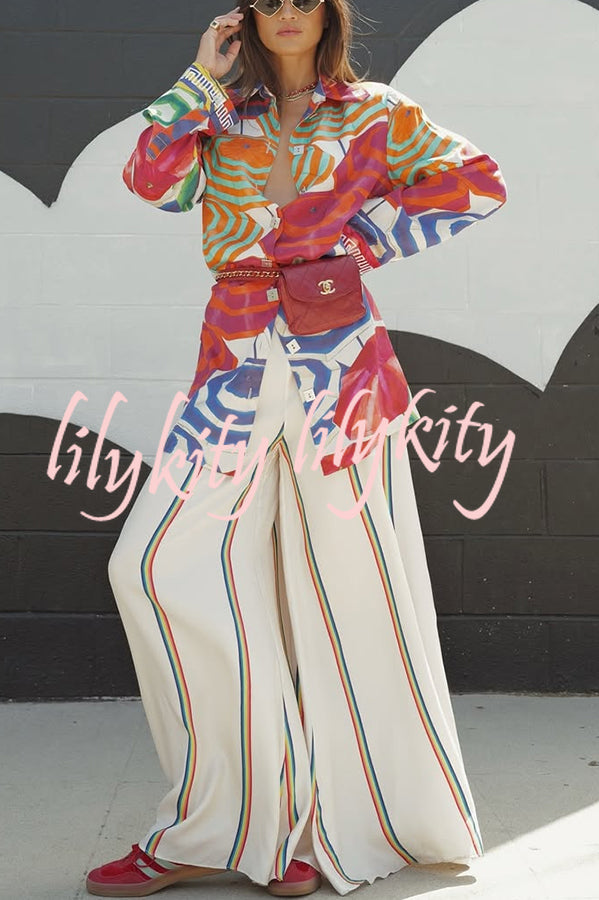 Ellah Satin Rainbow Stripe Print Drawstring Elastic Waist Pocket Wide Leg Pants