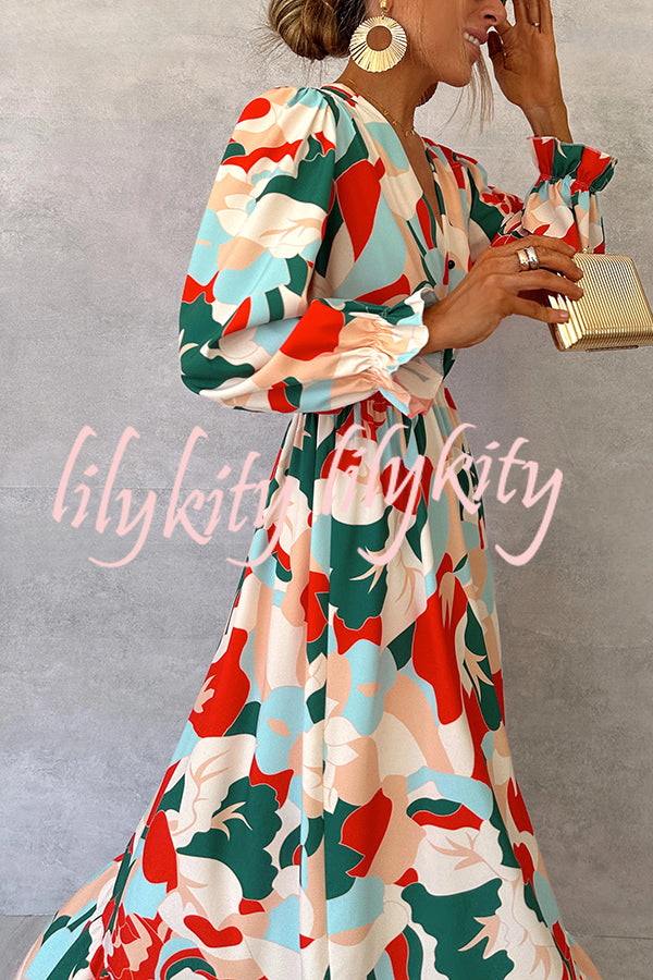 Colorful Printed V-neck Waist High Slit Ruffled Maxi Dress