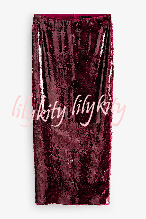 Feeling Festive Texture Sequin Elastic Waist Slit Maxi Skirt