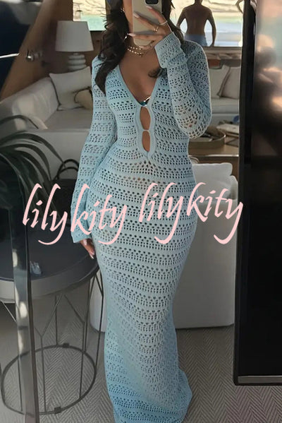 Solid Color Knit Hollow Long Sleeve Vacation Cover Up Maxi Dress