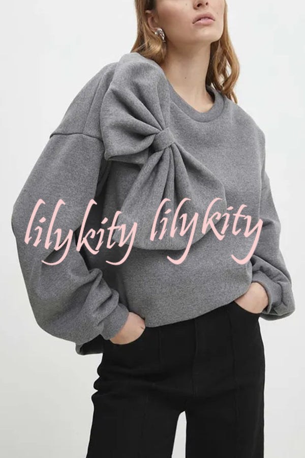 Solid Color Round Neck Long Sleeve Bow Loose Sweatshirts