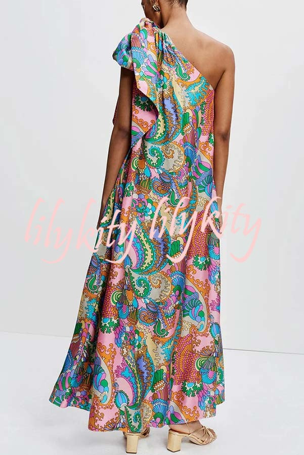 Rainbow Breeze Satin Unique Print Bow One Shoulder Loose Maxi Dress