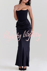 Attend The Gala Strapless Corset Satin Ruched Hip Drape Maxi Dress