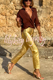 Golden Years Metallic Fabric Mid-Rise Pocketed Stretch Pants