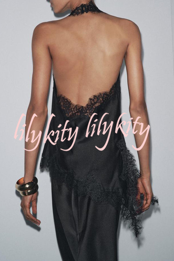 Dolly Satin Lace Trim Halter Cowl Neck Asymmetric Hem Tank