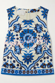 Unique Printed Round Neck Sleeveless Top and Casual Mini Skirt Set
