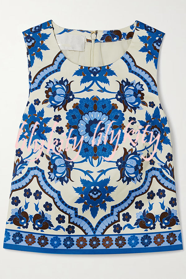 Unique Printed Round Neck Sleeveless Top and Casual Mini Skirt Set