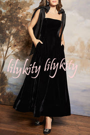 Romantic Type Velvet Bandeau Taffeta Bow Strap Pocketed Prom Maxi Dress