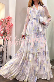 Romantic Provence Lavender Print Button Belt Tiered Shirt Maxi Dress