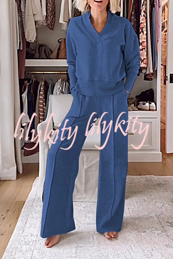 Weather Gets Cold Solid Color V-neck Top and Elastic Waist Pocketed Lounge Pants Set