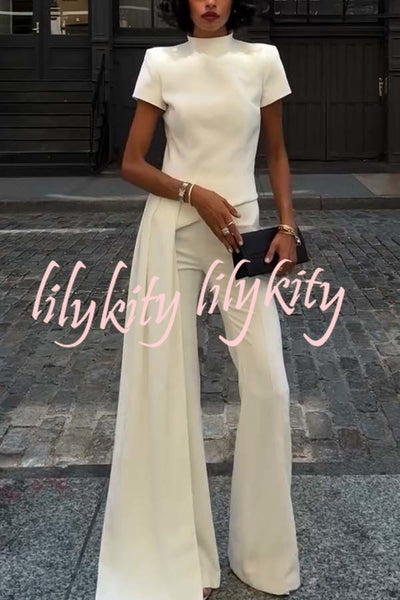 Pippa High Neck Short Sleeve Irregular Drape Hem Top and Elastic Waist Flare Pants Set
