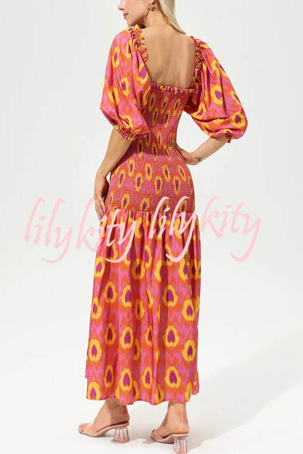 Venita Unique Printed Off Shoulder Balloon Sleeve Smocked Midi Dress