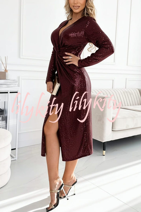 Coralia Sequin V-neck Long Sleeve Twist Waist Front Slit Midi Dress